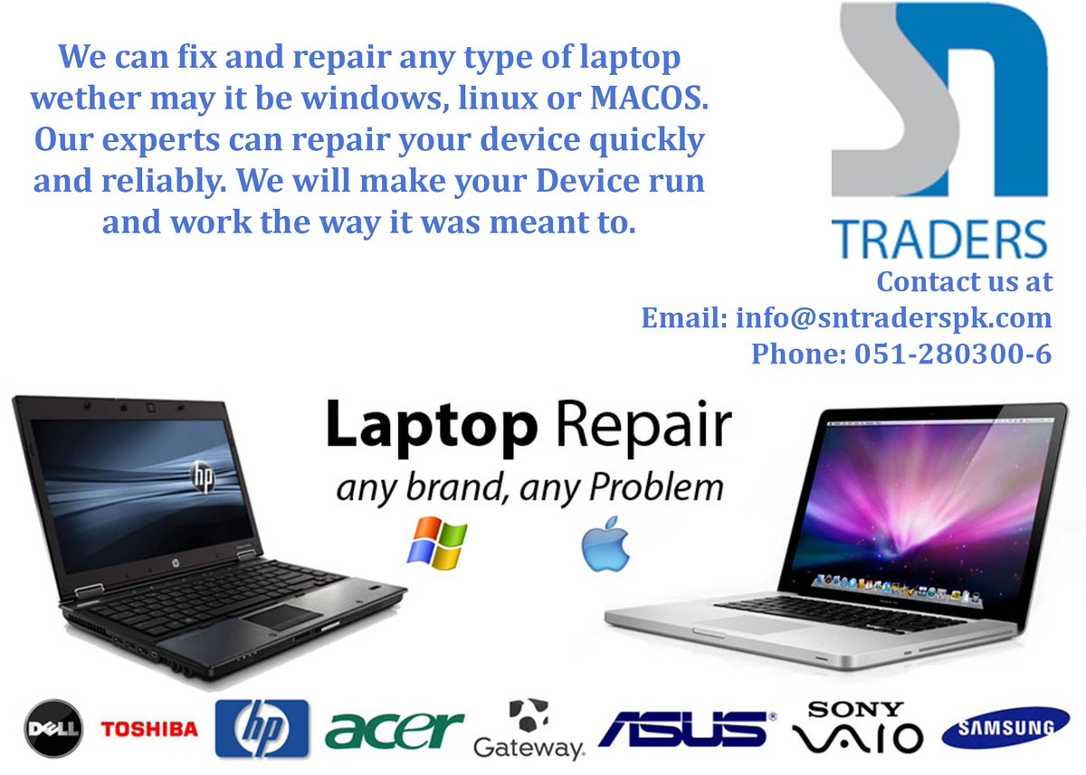 sncomputer's tweet photo. We can fix any type of laptop.
For further information call us at 
call or Whatsapp at : +92-321-9555-337.
Email at : info@sntraderspk.com
or call us on landline : 051-280300-6.
#laptop #repair #sales #SNTRADERS #Islamabad #Bluearea https://t.co/sz9KOdWtCm