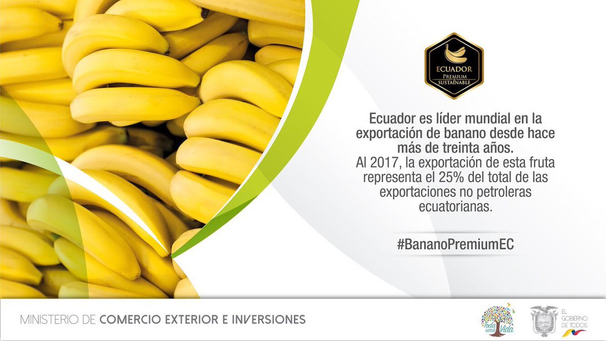 ProEcuador_'s tweet photo. En el año 2017, las exportaciones de banano ecuatoriano ascendieron a 6.4 millones de toneladas, lo que representó en valor FOB alrededor de USD 3 mil millones de dólares en ingresos. https://t.co/oyL4iojUfP