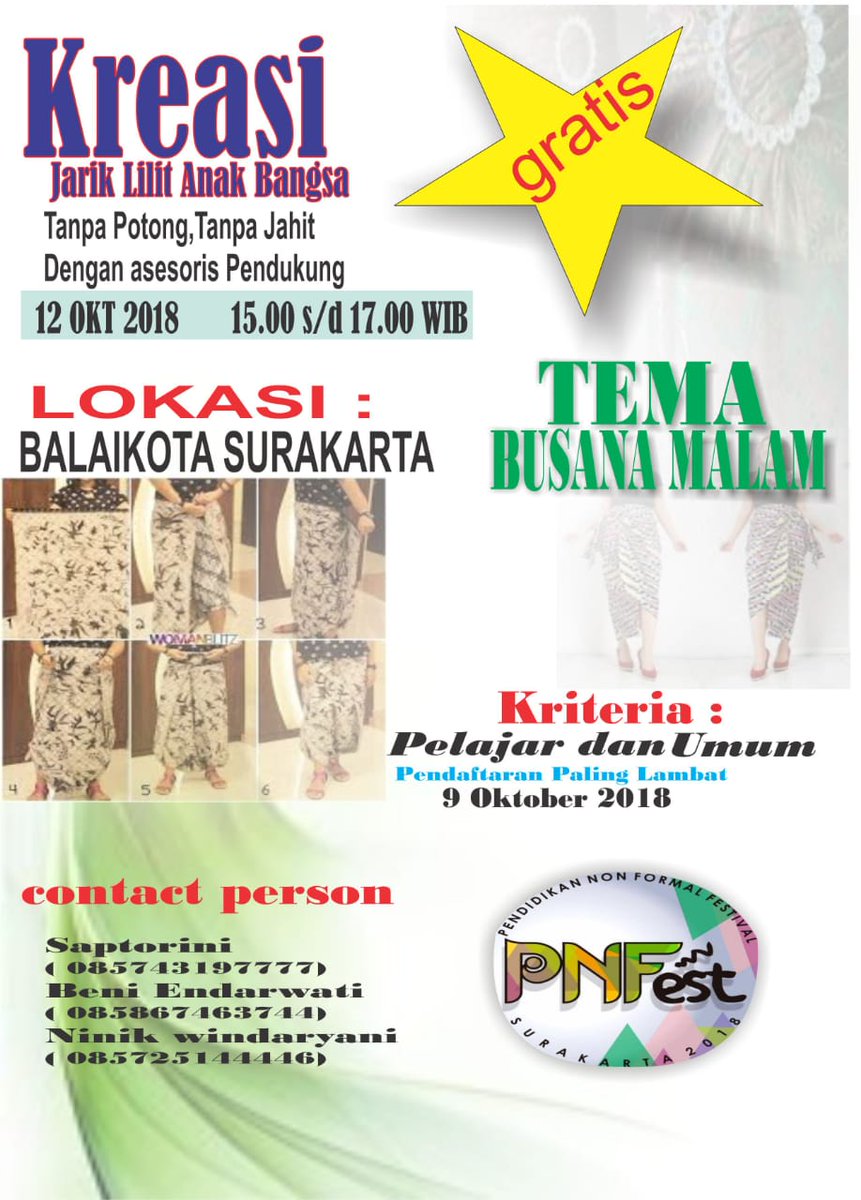 PEMKOT_SOLO's tweet photo. Jangan lupa catat tanggalnya, datang dan saksikan serangkaian event PNFest Solo, "Kreasi Jarik Lilit Anak Bangsa".
#solodestination https://t.co/EIoZy5R5iY