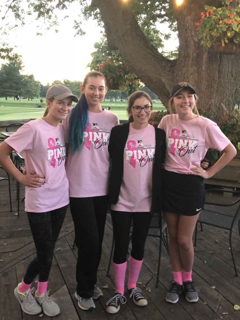 ladybulletgolf's tweet photo. @ladybulletgolf rocking the pink out shirts and sending off these 4 seniors with a win: Burdine, Saladino, Egger, and Ratliff.  Thanks ladies! @BulletBoosters https://t.co/imLgjWyQ94