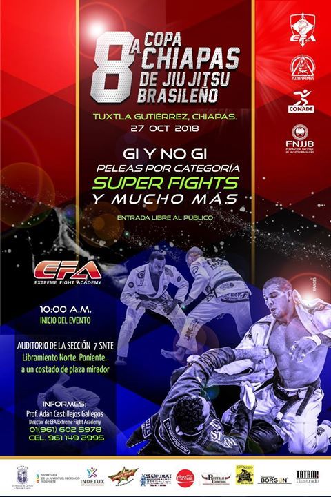 8va Copa Chiapas de Jiu-jitsu brasileño

27 de Octubre
Gi y nogi
Superfights y mucho más

Entrada libre al publico