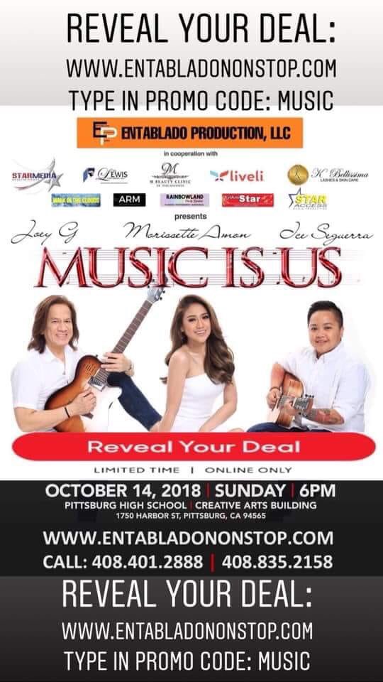 EntabladoP's tweet photo. #MusicIsUs
Morissette Amon Joey G Ice Seguerra

Reveal your deal:
👉 https://t.co/GV8jY5mB04
Type in Promo code: MUSIC 

@itsMorissette https://t.co/hpZeTjD8Iu