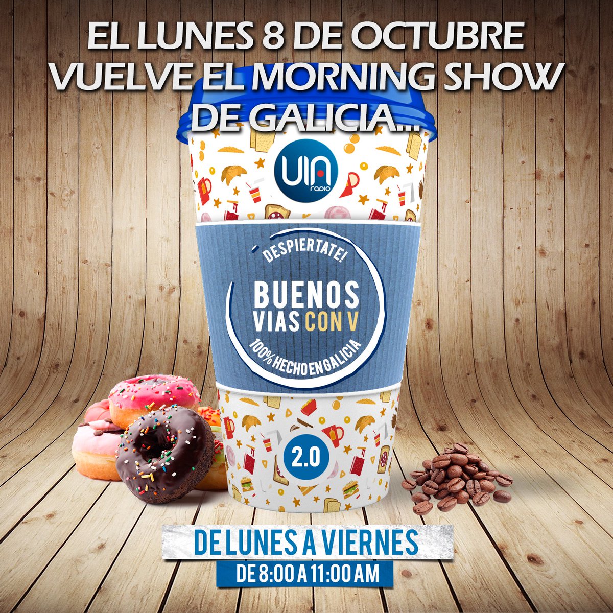 via_radio's tweet photo. BUENOS VÍAS CON V 2.0 regresa el LUNES 8 de octubre a @via_radio ¡El único y primer programa despertador de Galicia! #buenosvias #ViaRadio https://t.co/5luobSI14w