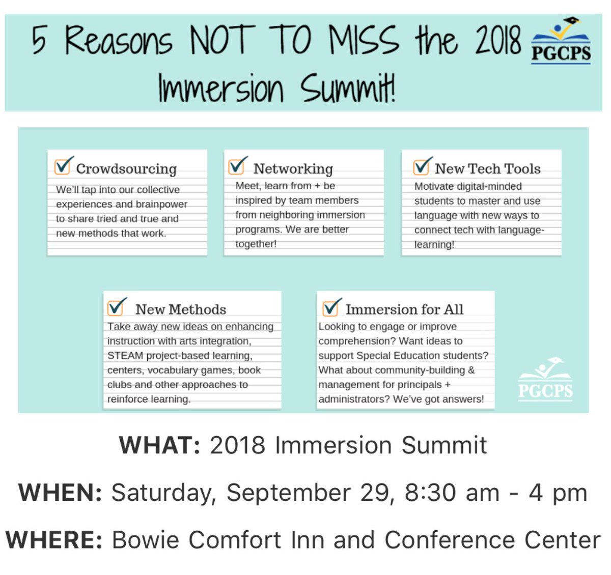 ndsalvadoreno03's tweet photo. Are you coming to the Immersion Summit being hosted by @PGCPSImmersion Come and join us to learn about language learning strategies, classroom resources and network with other educators! Register https://t.co/fZqAqV3afP #immersionsummit #languageimmersion @pgcps @pgcpsgoodnews https://t.co/UHSdxaAyDd