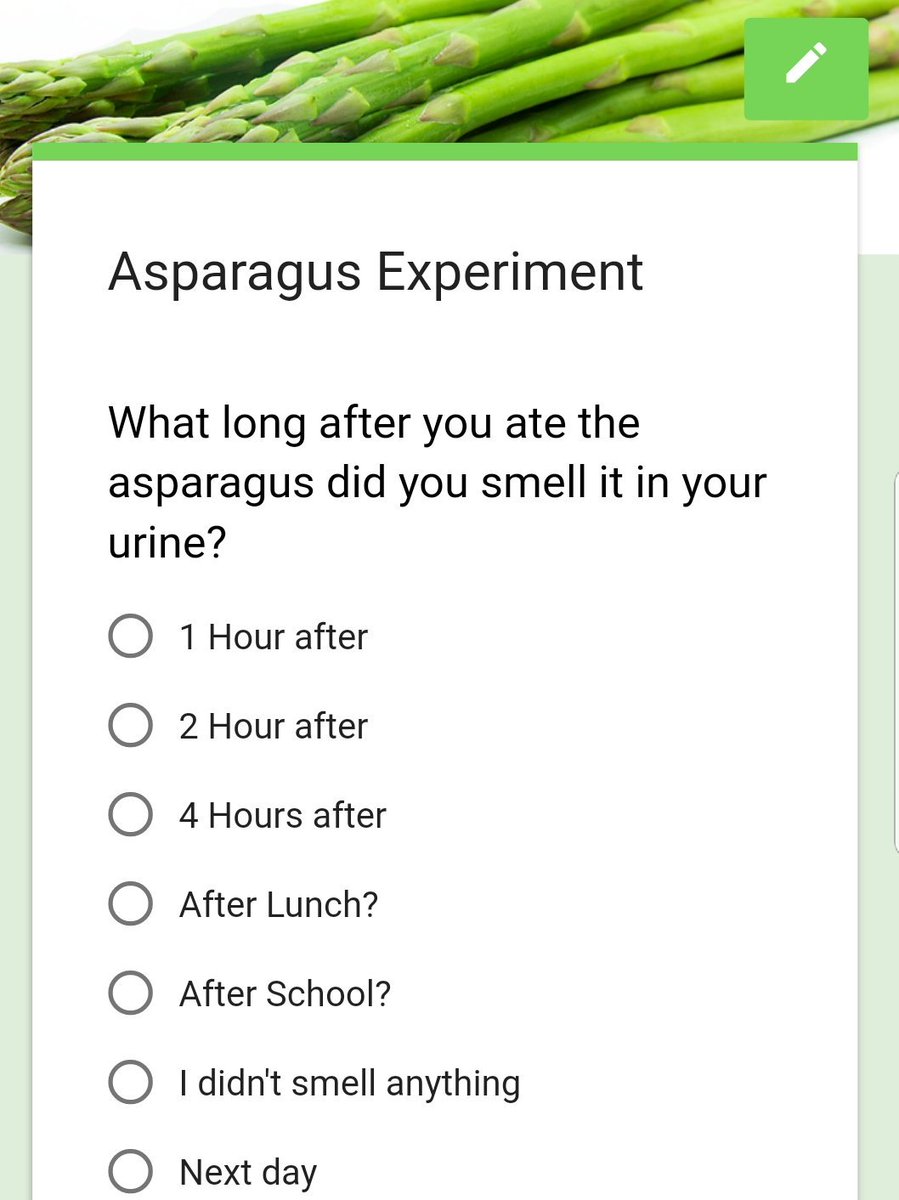 jfavela3's tweet photo. "Does it smell?" Asparagus Experiment. How long does it take for asparagusic acid to go through our system? #nutrientabsorption #bodysysteminteractions #biomolecules @SDOAPantherNT https://t.co/vspYaftVMQ