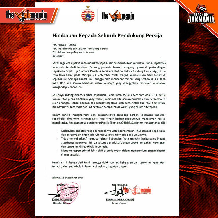 Himbauan Kepada Seluruh Pendukung Persija
#FootballForUnity