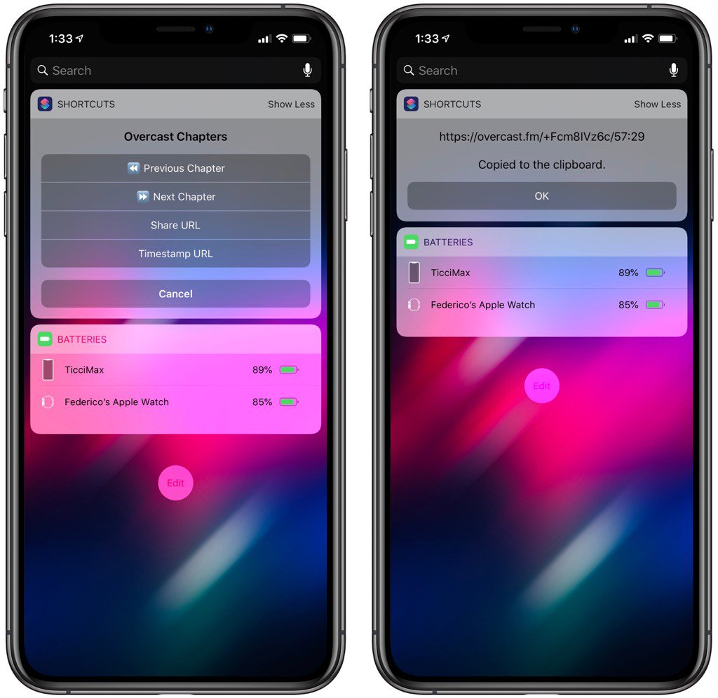 Nice Overcast update with new Watch complications and better 'Send to Watch'. 

Most of all though, new Siri shortcuts, which means I have a new Overcast Controls widget for you that can navigate chapters *and* copy links too. macstories.net/ios/overcast-5…