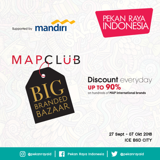 infojakarta's tweet photo. Diskon hingga 90% untuk #KawanPRI dari brand MAP setiap hari selama PRI 2018 khusus MAPCLUB member & pemegang Mandiri Debit & Mandiri Kartu Kredit!
Jangan lewatkan kesempatan ini!
Daftar segera di https://t.co/DpSfOKbOm1 & follow FB MAPCLUB
#PRI2018 #PRI2018MakinSeru #MAPCLUB https://t.co/HzmGJqEbQA