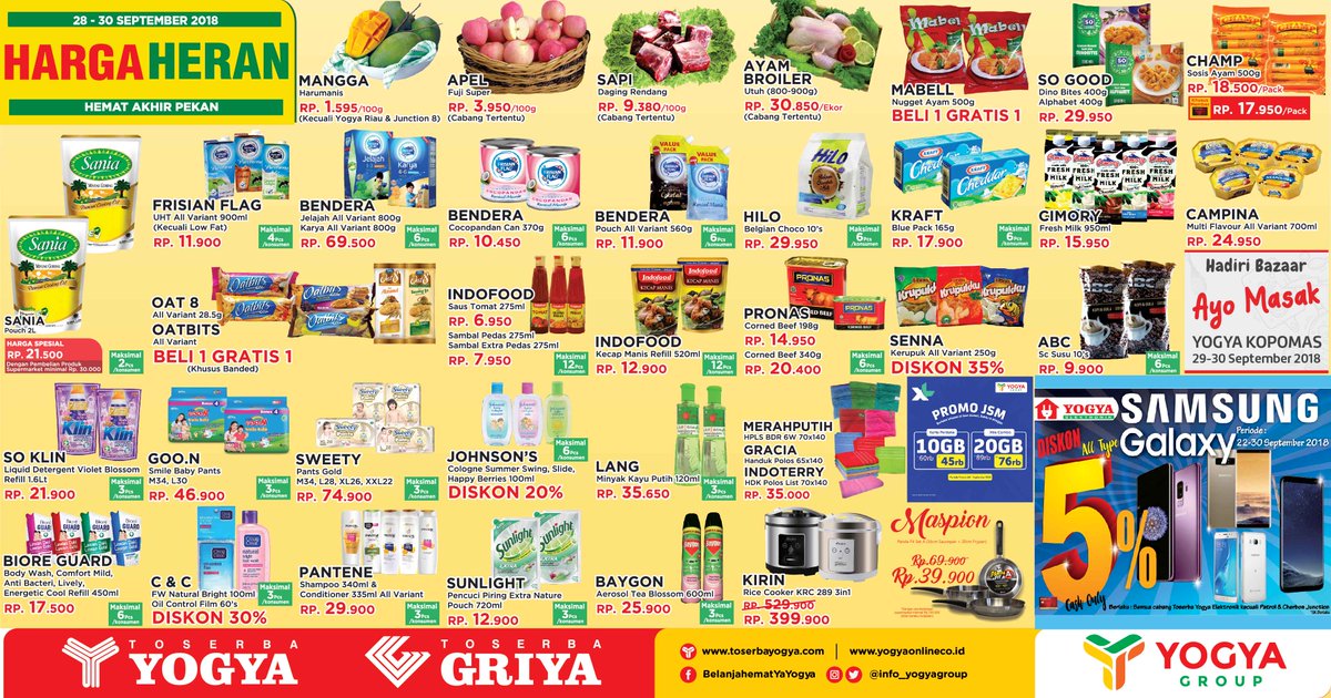 info_yogyagroup's tweet photo. HARGA HERAN Periode 28 - 30 September 2018
.
.
Banyaakk bangeett nih promo buat besok!
Hanya dimana? Ya Yogya..
#hargaheran #hargahemat #YOGYAGROUP https://t.co/cOcb2l6ert