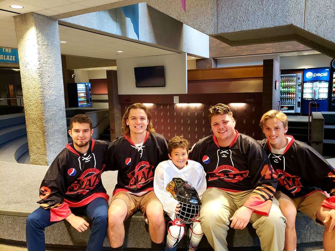 DecaturBlaze's tweet image. A couple of #Blaze players pictured at the @DecaturHockey Open House. Players were there to offer advice to kids and also help them learn how to put on their new gear. #FerdaDirtyD #OneTeamOneDream #TheBandIsBackTogether
