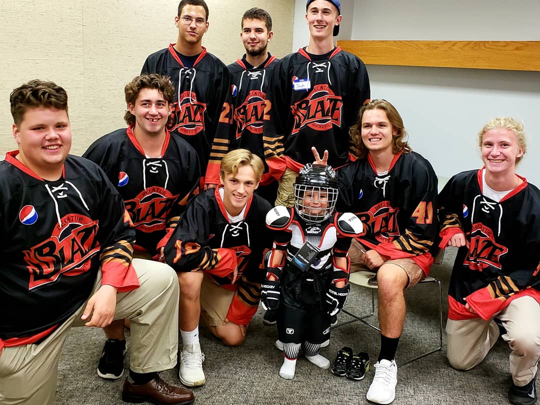 DecaturBlaze's tweet image. A couple of #Blaze players pictured at the @DecaturHockey Open House. Players were there to offer advice to kids and also help them learn how to put on their new gear. #FerdaDirtyD #OneTeamOneDream #TheBandIsBackTogether