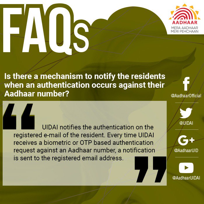 UIDAI's tweet photo. #AadhaarFAQs
You can also check your Aadhaar Authentication History from: https://t.co/lhh1b7WQhj . More information on this service available here: https://t.co/rM8fTjnocK https://t.co/G2jPLHlxpt