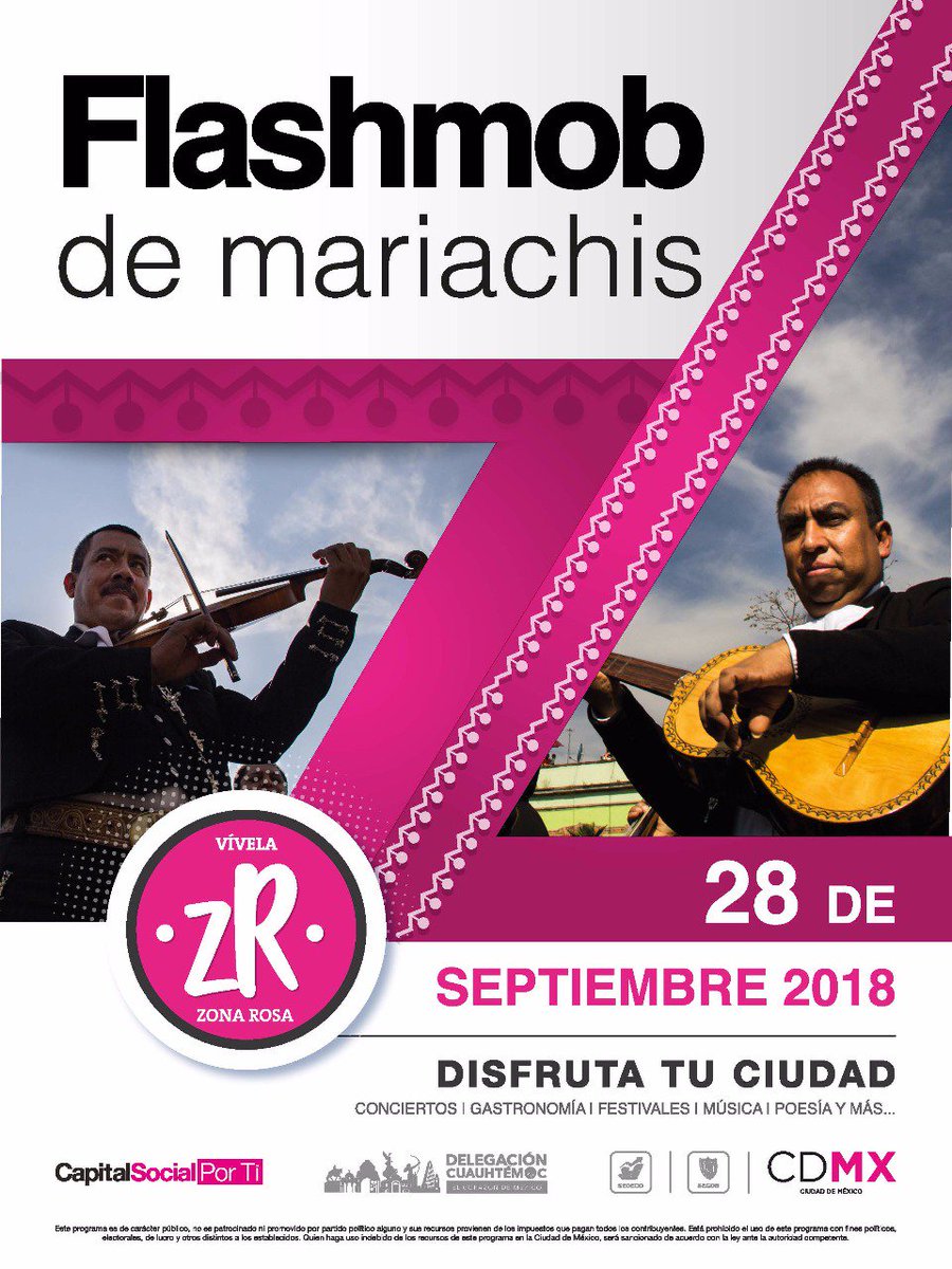 promocionCDMX's tweet photo. Las celebraciones del Mes Patrio continúan, participa este viernes 28 de septiembre en el Flashmob de Mariachis, la cita es en Génova y Hamburgo #ZonaRosa #CDMX, 13 horas. ¡No faltes! https://t.co/rr7K04aFaD