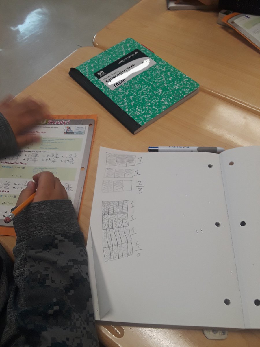 EDUKesslee's tweet image. The math "ain't" new... just the way we think about it! ELL scholars using visual models to convert fractions greater than 1 to mixed numbers. I love what I do!!! #NoTricks #WeGotThis #HowWeMath @GLECPVA #MentalMath #WithOurHeads
