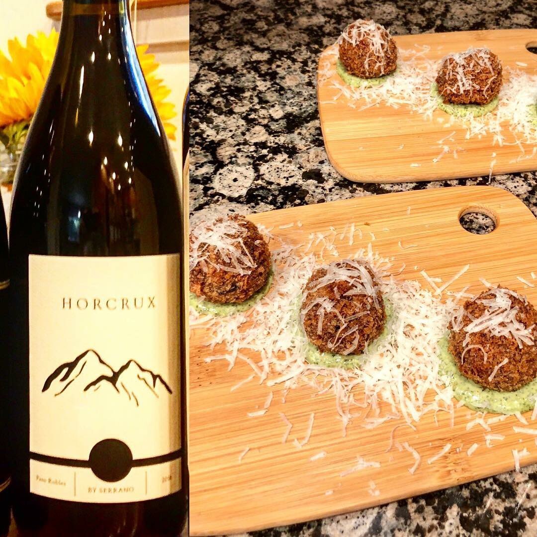ChefCDoherty's tweet photo. Fourth course from a private dinner - wild rice Arancini (to accommodate a dietary restriction on white rice) with manchego and basil pesto aioli paired with @SerranoWine HORCRUX! #privatedinner #arancini #chef #cheflife #italianfood #wildrice https://t.co/0L7wk3jmVt