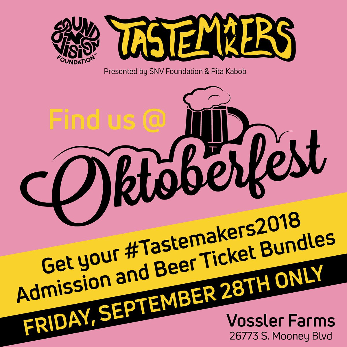 Find us at the #SnVFoundation booth selling $10 tickets at <a href="/VisaliaBiz/">Visalia Chamber</a>'s #Oktoberfest at #VosslerFarms tomorrow! 

You can also buy them online at TastemakersFestival.com or at <a href="/PitaKabob/">Pita Kabob</a> or <a href="/VelouriaRecords/">VelouriaRecords</a>! They'll be $15 day of so get them soon!