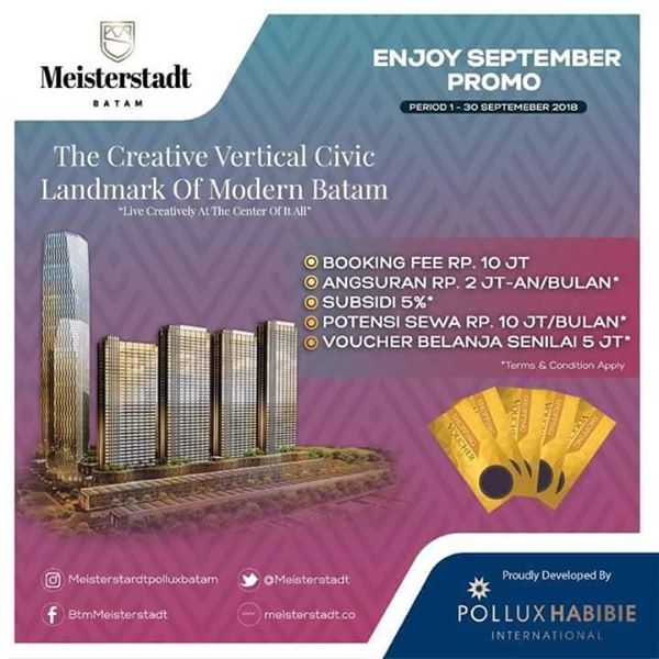 AktivaProperty's tweet photo. Promo &amp; Update Terbaru Proyek Meisterstadt Batam - Pollux Habibie.. 😍👍

Promo s/d 30 September 2018
Ingin investasi , segera miliki salah satu unitnya..??
Hubungi kami : 0821 7320 4958 https://t.co/lxsvcE58vk