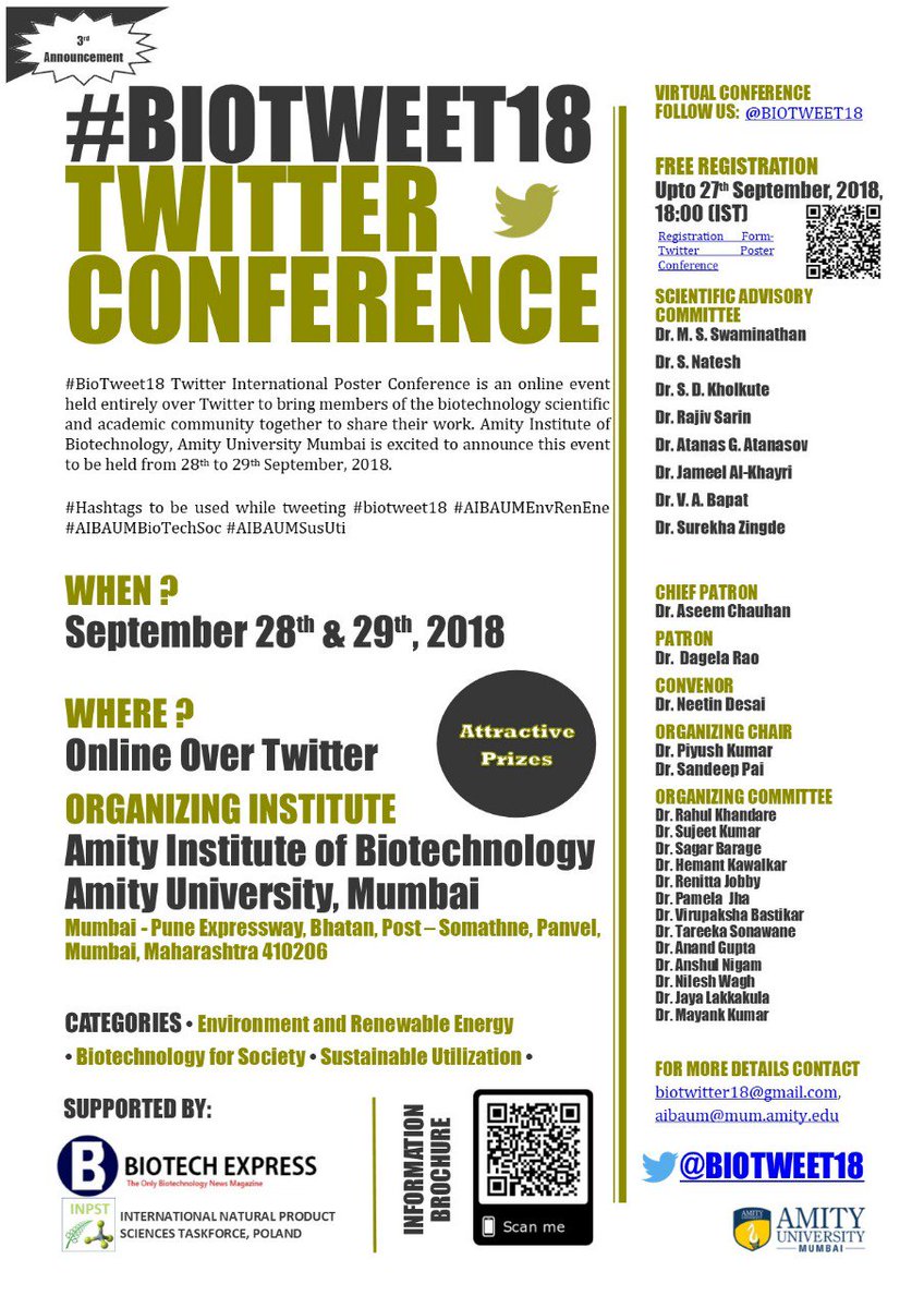 AmityUniMumbai's tweet photo. Amity University Mumbai welcomes all participants for #BioTweet18.
The conference is now open for submission @biotweet18,  @piyushKAVIRAJ  &amp; @drsandeeprpai 
#amitymumbai https://t.co/Z9iE45H6TT