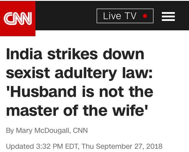 nellaiseemai's tweet image. #Section497 
மனைவி பிற ஆணுடன் தகாத உறவு வைத்திருந்தால் அந்த ஆணை தண்டிக்கிறது சட்டம். மனைவி கணவனின் சொத்து என்று !! ஆனால் அதே கணவன் பிற பெண்ணுடன் உறவு வைத்திருந்தால் கிரிமினல் குற்றம் இல்லை. இதைத்தான் திருத்தி இருக்கிறது நீதிமன்றம்.

தமிழ் ஊடகங்கள் திருந்த வாய்ப்பே இல்லை.