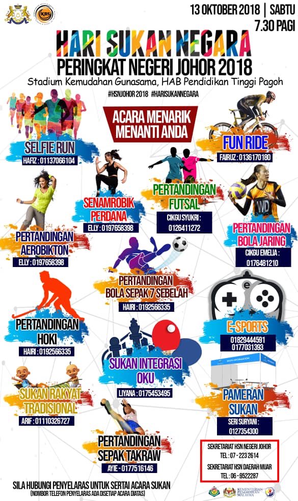 Jom semua orang Johor....
Sertai aktiviti2 di Hari Sukan Negara 
Peringkat Negeri Johor