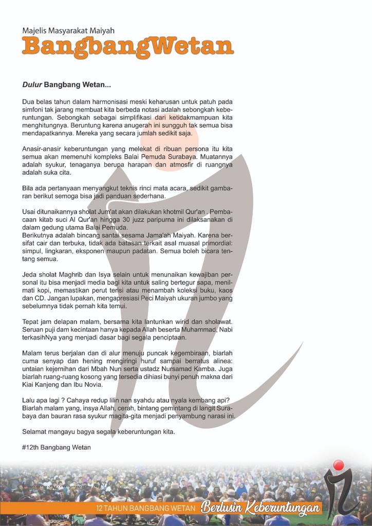 Dan bagi jamaah yang sudah memasuki Kota Surabaya siang nanti bisa langsung njujug Balai Pemuda, mengistirahatkan lelah perjalanan sambil saling bertegur sapa, bertukar senyum dan kebahagiaan.
Monggo yang luang waktunya, dipersilakan di Balai Pemuda.
#12ThBangbangWetan #BBWSept