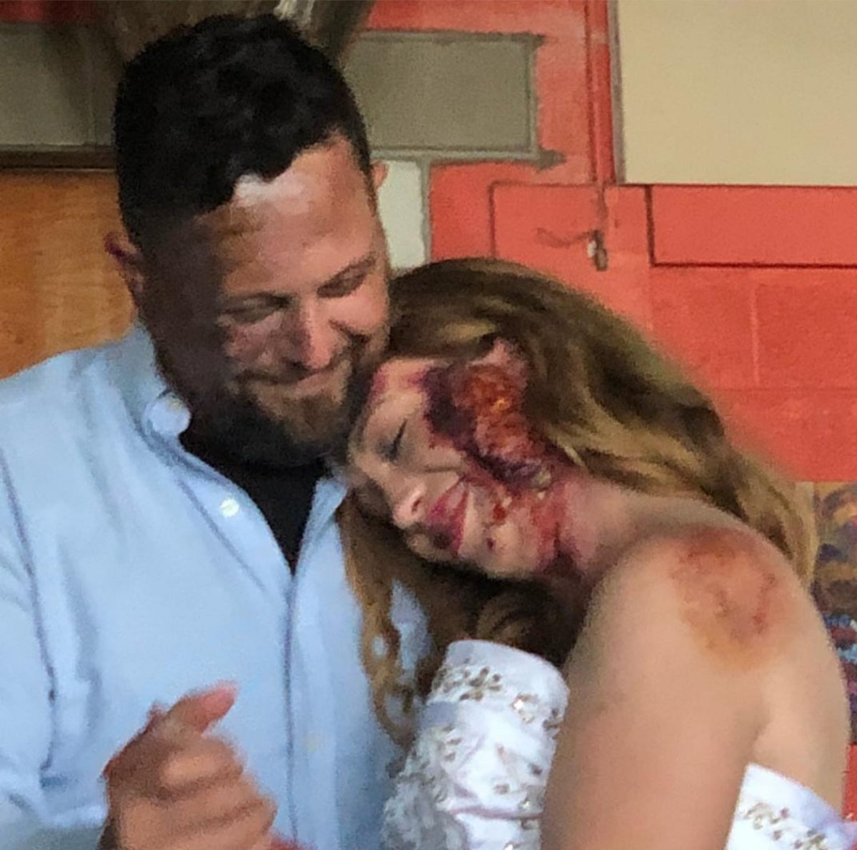 MissChrystaline's tweet photo. One of my favorite parts of the #tczombierun commercial shoot was the wedding scene. I was becoming an expert with the dress! I swapped places with my "husband", swiveled my hips just so, and the train swirled around me perfectly. The look of awe from the crew was fantastic ππ https://t.co/TLjbRP1nXQ