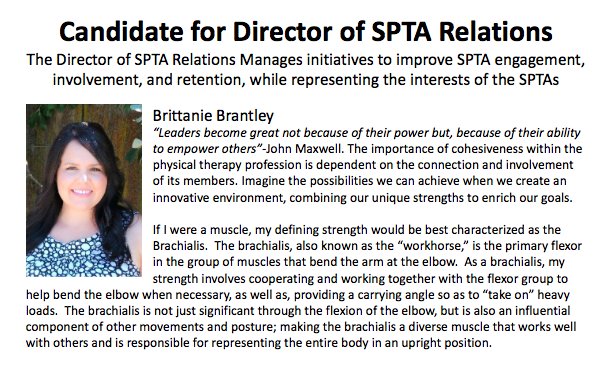 <a href="/APTASA/">Ana Paula Santana</a> The relationship between SPTAs and SPTs is the building block to creating a strong professional relationship 🤝 with PTAs and PTs in the work environment. This year @Brittanie_SPTA will be running for the position of Director of SPTA Relations! Chat her up during <a href="/APTAnsc/">APTA NSC</a>