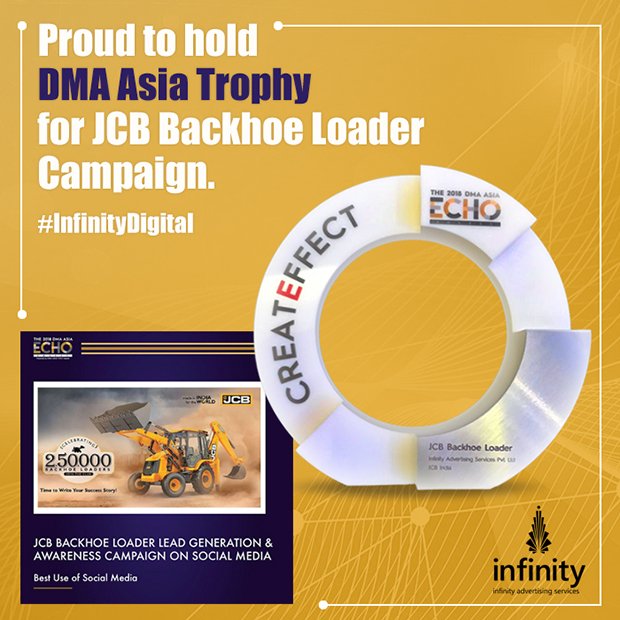 InfinityAdvt's tweet photo. We walked away with the Best Use of Social Media Award for JCB Backhoe Loader Digital campaign at 2018 DMA Asia Echo Awards. Let's keep the ball rolling and aim for many more. #InfinityAtEchoAwards #InfinityAdvertising #InfinityDigital # #DMAAsiaEcho https://t.co/rT9h2zyUCP