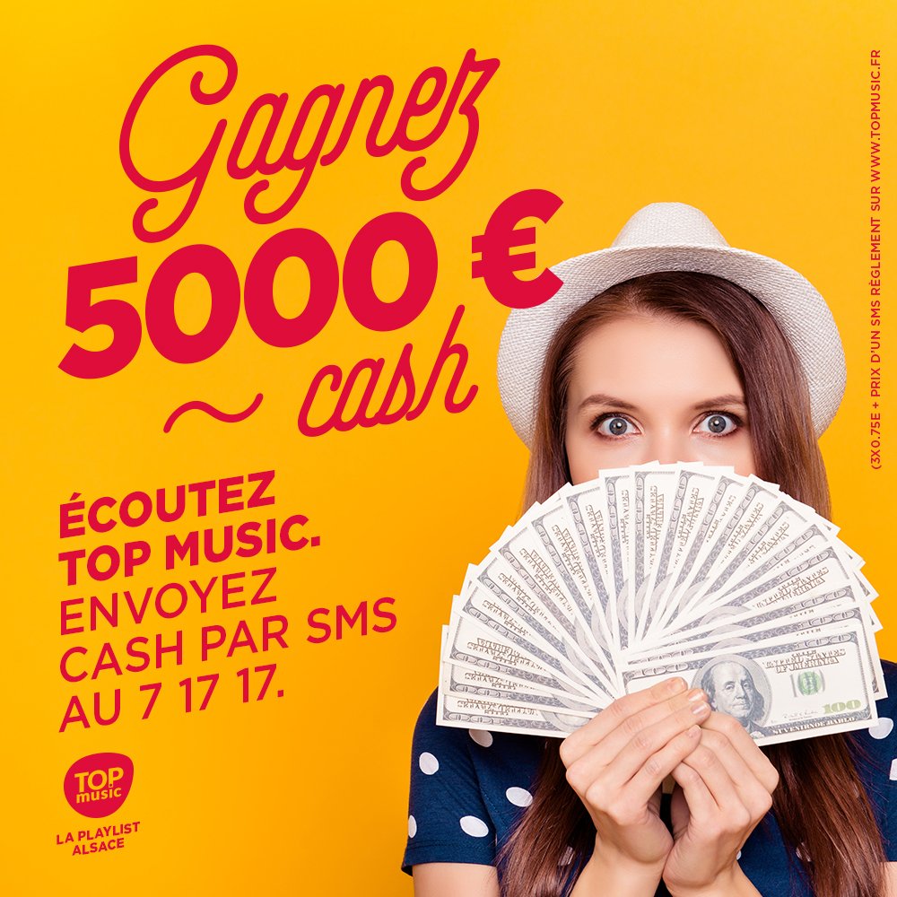 TopmusicAlsace's tweet photo. Et si on vous offrait 5000€, comme ça, pour rigoler ? Pour participer au tirage au sort, envoyez CASH au 7 17 17 ! 💶💰💰#Argent #Thunes #Pepettes #Maille #Cash #Bingo https://t.co/xeuLviu2p7