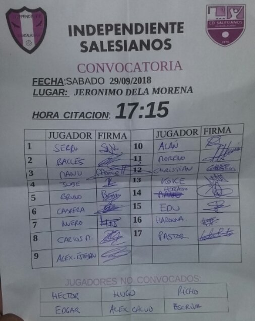 Convocatoria para el partido del sabado 29/09/2018 del senior <a href="/Independientegu/">Independienteguadalajara</a> <a href="/futbolsales/">CD Salesianos Guadalajara Fútbol</a>
