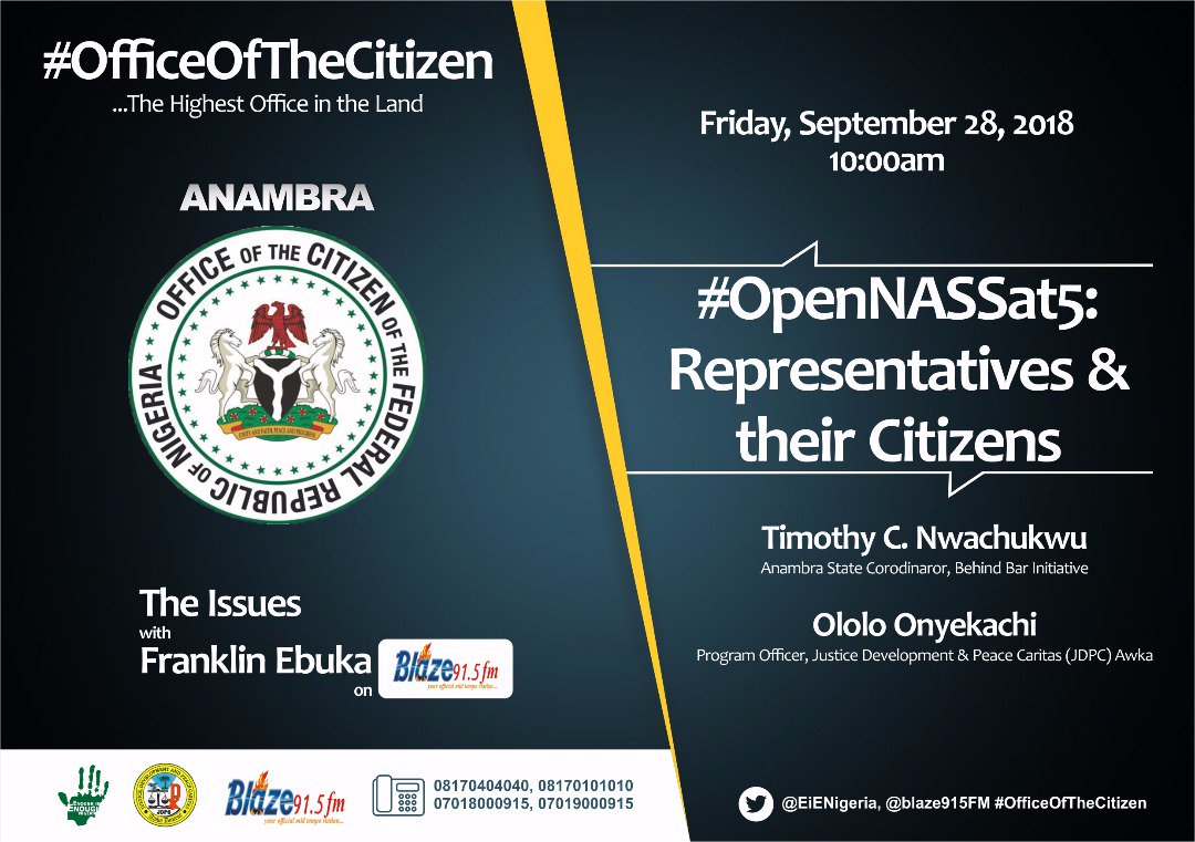 EiENigeria's tweet photo. We are live on @Blaze915FM discussing '#OpenNASSat5: Representatives & their Citizens'.
Tune in.
#OfficeOfTheCitizen https://t.co/QAXXgC1kyu
