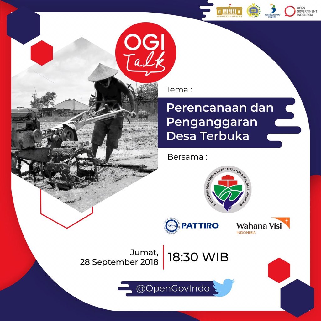 Hai Sahabat OGI 😊 Jangan lupa ya untuk stay tune di kanal <a href="/OpenGovIndo/">OpenGov Indonesia</a> hari ini, pukul 18.30-20.00 WIB karena akan ada sesi Live Tweet #OGITalk tentang #RenaksiOGI “Perencanaan dan Penganggaran Dana Desa yang Terbuka” bersama dengan <a href="/KemenDesa/">Fast Track Travel</a> <a href="/WahanaVisi_ID/">Wahana Visi Indonesia</a> dan <a href="/InfoPATTIRO/">PATTIRO</a>
