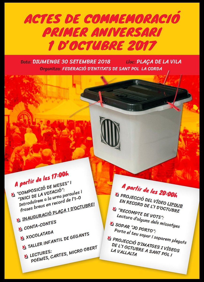 cdrsantpol's tweet photo. L'1-0 d'enguany tornarem a defensar la sobirania popular!
El poble NO OBLIDA
Us esperem a tots aquest diumenge 30-9 per commemorar el referèndum
#1OctAlCarrer #TardorCalenta https://t.co/6WRasO6tIN