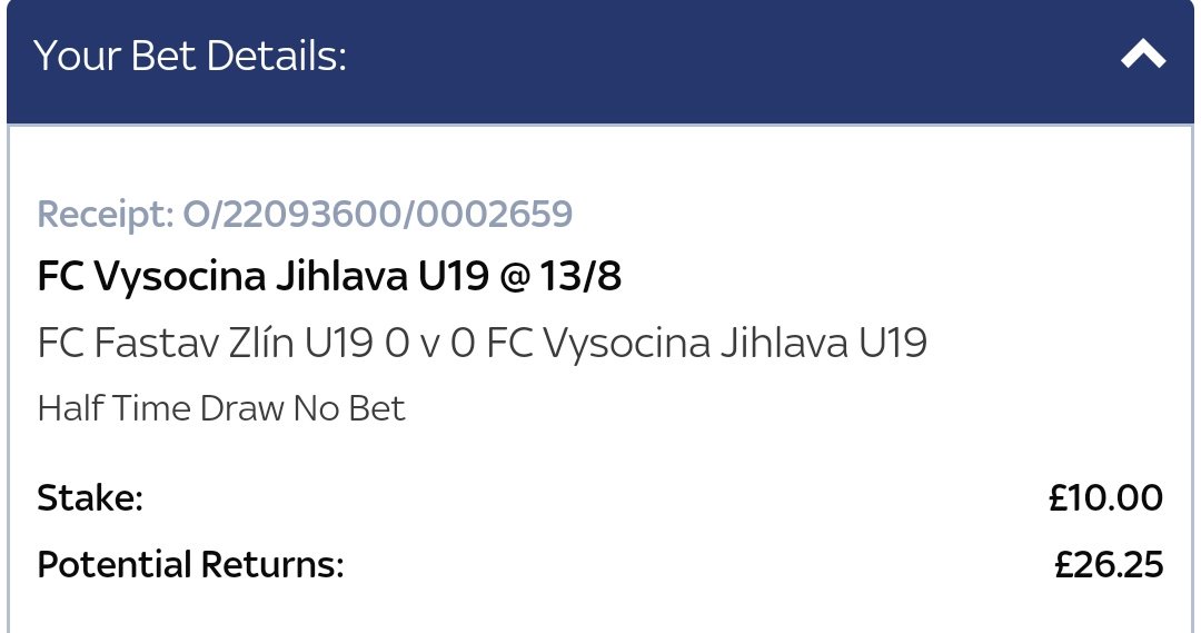 ⏱️ #INPLAY
🏆 Captain's Roller Tip 1
⚽ Zlin u19 v V Jihlava u19
➡️ HT Result DNB - V Jihlava u19
📈 ODDS : 13/8
📊 STAKE : £10 Ret £26.25
🇨🇿 CZECH u19 League