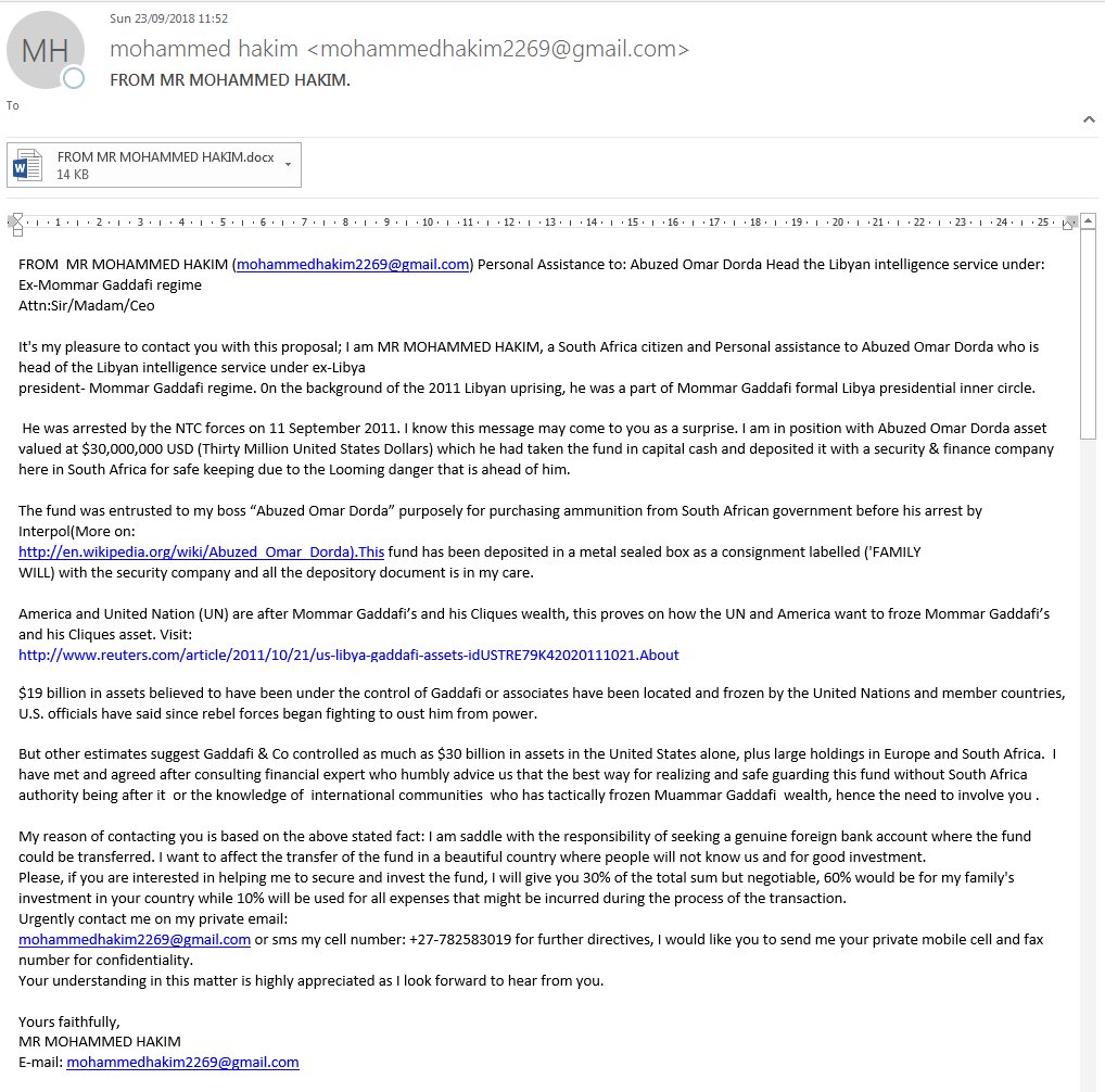 GetSafeOnline's tweet photo. Check out this old school #phishing email. Implausible story, dodgy links &amp; attachment. Click on any of these, &amp; you'll either be taken to a fraudulent website or open the door to #ransomware or another infection. Got one? Dump it, and read our top tips: https://t.co/z45W75StNB https://t.co/Rhz9q592tW