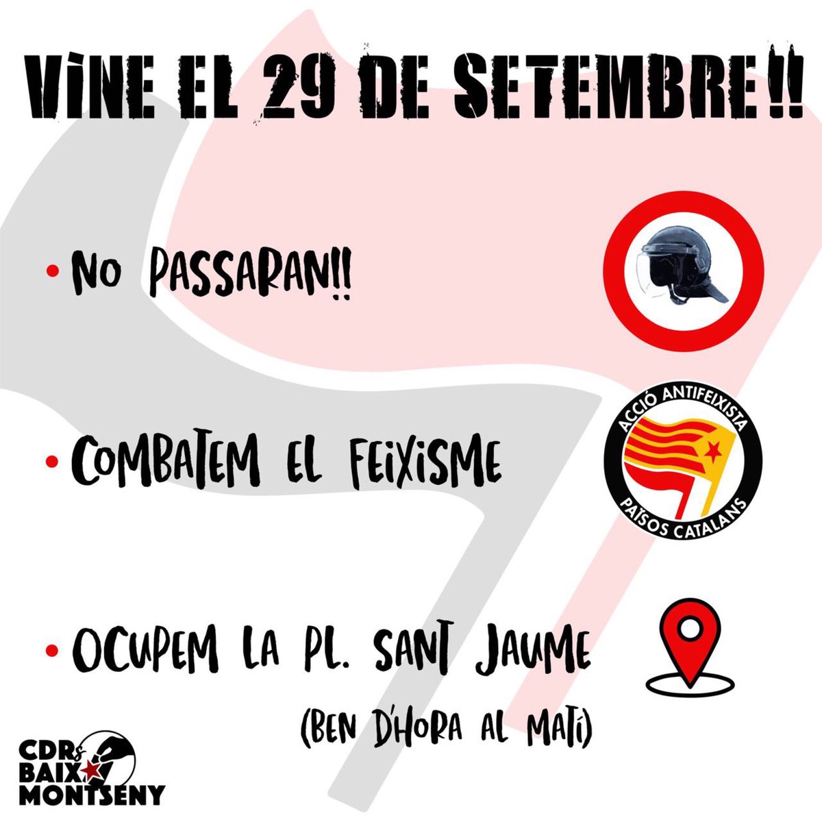 BAIX MONTSENY CONTRA EL FEIXISME✊

Demà totes a Bcn! Aviat més info

#tardorcalenta #1OctAlCarrer #combatemelfeixisme