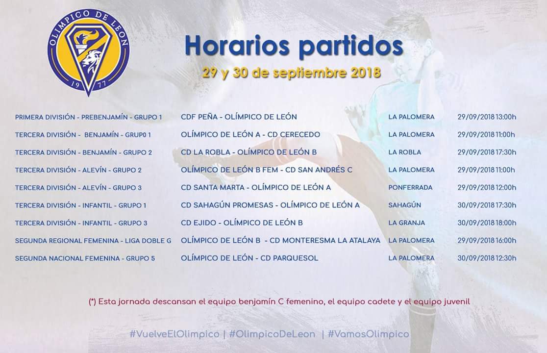 OlimpicoLeon's tweet photo. [HORARIOS ⚽]
Os dejamos los horarios y los campos donde jugarán nuestros equipos en esta primera jornada.👇👇

Suerte a todos nuestros jugadores y entrenadores.Para muchos será el estreno en competición oficial.

#Leonesp | #VuelveElOlimpico | #OlimpicoDeLeon | #VamosOlimpico https://t.co/eDFgRGTvzI