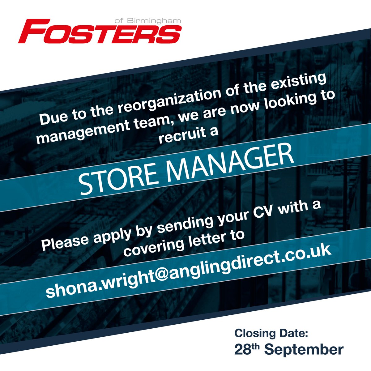 FostersofBham's tweet photo. *** Store Manager Vacancy - Last Day to Apply***

Are you a keen angler looking for a career in the fishing industry?

Due to reorganising the current team we are recruiting for a Store Manger.

Find out all the information here - 
https://t.co/SuGvExrGRu https://t.co/rgbZDPxOmf