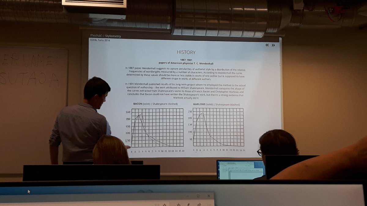 yrgsupp's tweet image. Petr Plechač showing physicists counting words back in 1886 (!) in his workshop in #stylometry in #DHEstonia