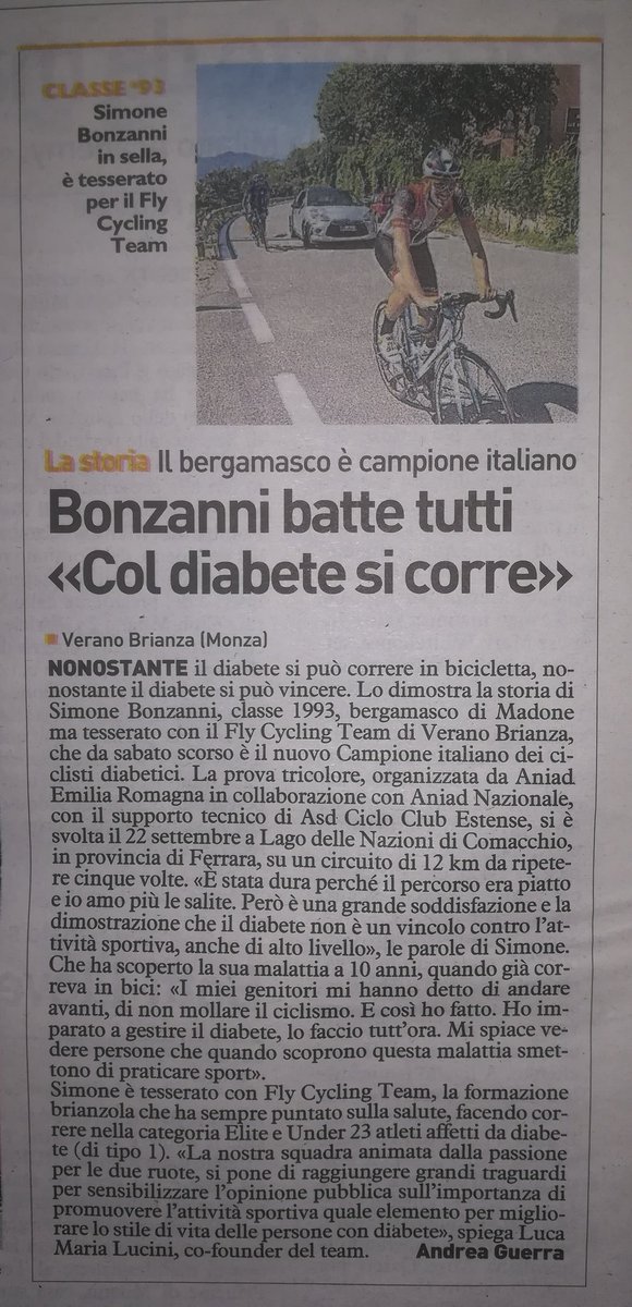FLYCyclingTeam's tweet photo. Buongiorno! 📰
Grazie mille ad @AndreaGuerra84 per questo bel pezzo sul nostro #SimoneBonzanni pubblicato sul quotidiano @ILGIORNOCronaca
-
#FlyCyclingTeam #FlyCyclingTeam2018 #DiabeteTeam #DiabetesTypeOne #DiabeteSocial #ItalianChampion #Cycling #CyclingLife #BikeLife https://t.co/RTzRzjID2a