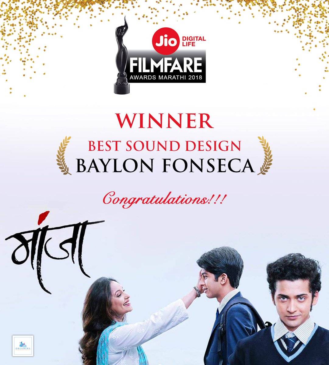 Kudos !!
Congratulations @baylonfonseca and Team @manjhathefilm for Winning Jio Filmfare Awards 2018. #BestSoundDesign !!!

@filmfare @jatinwagle1 @trilok_malhotra @krharish6969 @AshviniBhave @Beatking_Sumedh @rohitphalke1010 @Deerane
#JioFilmfareAwardsMarathi2018