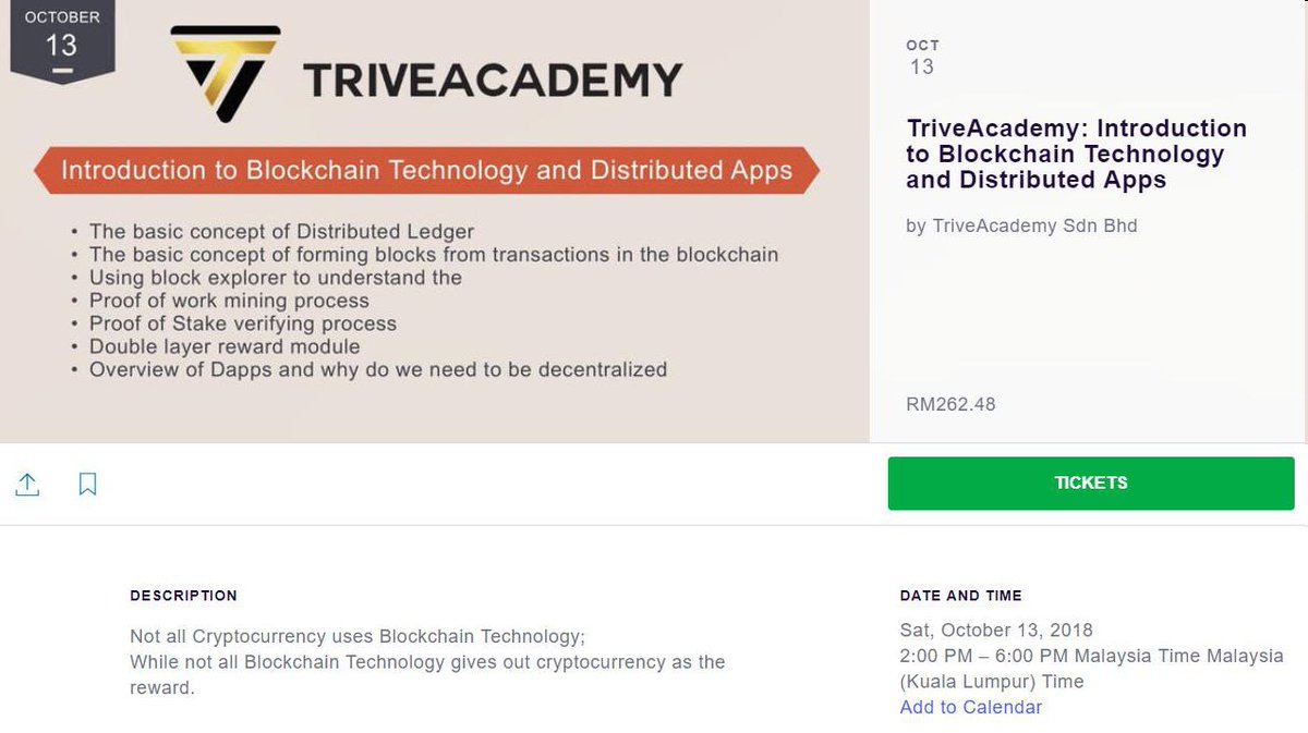 TRIVECOIN's tweet photo. 🔥🔥13 October, TriveAcademy Event: Introduction to Blockchain Technology and Distributed Apps, by TriveAcademy Sdn Bhd
🌏 https://t.co/fMaAM0j3Iz https://t.co/upkGsb5GAk