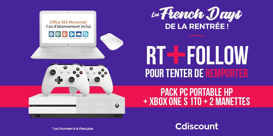 Cdiscount's tweet image. 🎁 #Concours 

👌 À gagner pour les #FrenchDays : Pack PC portable HP + Xbox One S 1To + 2 manette

👉 bit.ly/2IkYO66

🔸 Pour tenter votre chance : 
RT + Follow @Cdiscount

☑️ TAS 01/10

#CdiscountFrenchDays