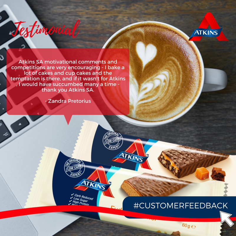Atkins_SA's tweet photo. We love reading about our #AtkinsCommunity's successes with this lifestyle and how much our advice and products have helped in the process! Share your stories with us!

#FeedbackFriday #lowcarbcurious #lowcarb #lowsugar #Carbconscious #fitfam https://t.co/qtSIZcTK97