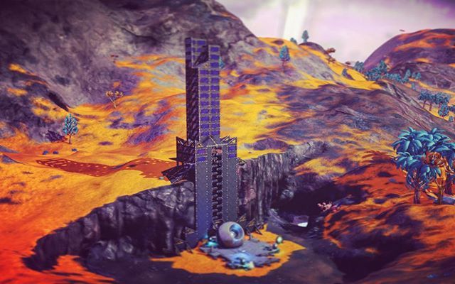 crisisinspace's tweet photo. The great tower, Lofrekna-Woo reaches for the sky, slowly and methodically nearing its completion, casting its great shadow upon orange fields of splendour. #NoMansSky #sciencefiction #outerspace #makingbetterworlds #nomanspics #monolith #ancientaliens #strangeworlds #evilla… https://t.co/sAyI9cD28O