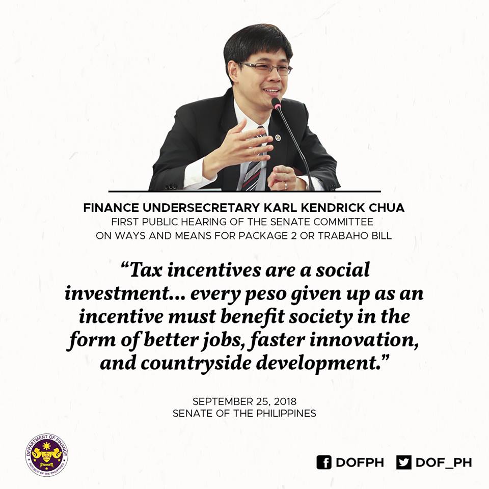 dofgovph's tweet photo. During the public hearing of the Senate Committee on Ways and Means last Wednesday, Undersecretary Karl Kendrick Chua explained why the government gives tax incentives to companies and how it should help reach our goal of a #ProgressivePH. https://t.co/hnR0ugYFyI