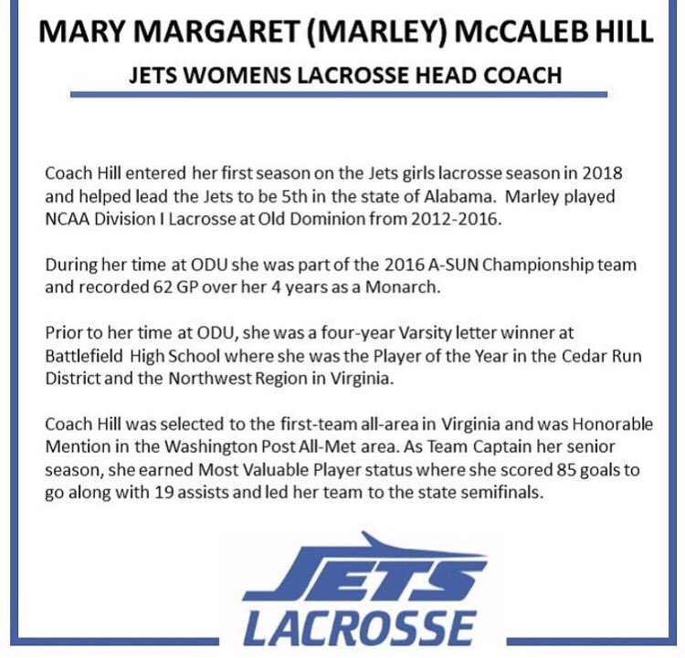 JetsGirlsLAX's tweet photo. Please Welcome the new Head Coach Mary Margaret McCaleb Hill!💙✈️ #proudtobeajet #jcjetslax https://t.co/mMYTVWJy03