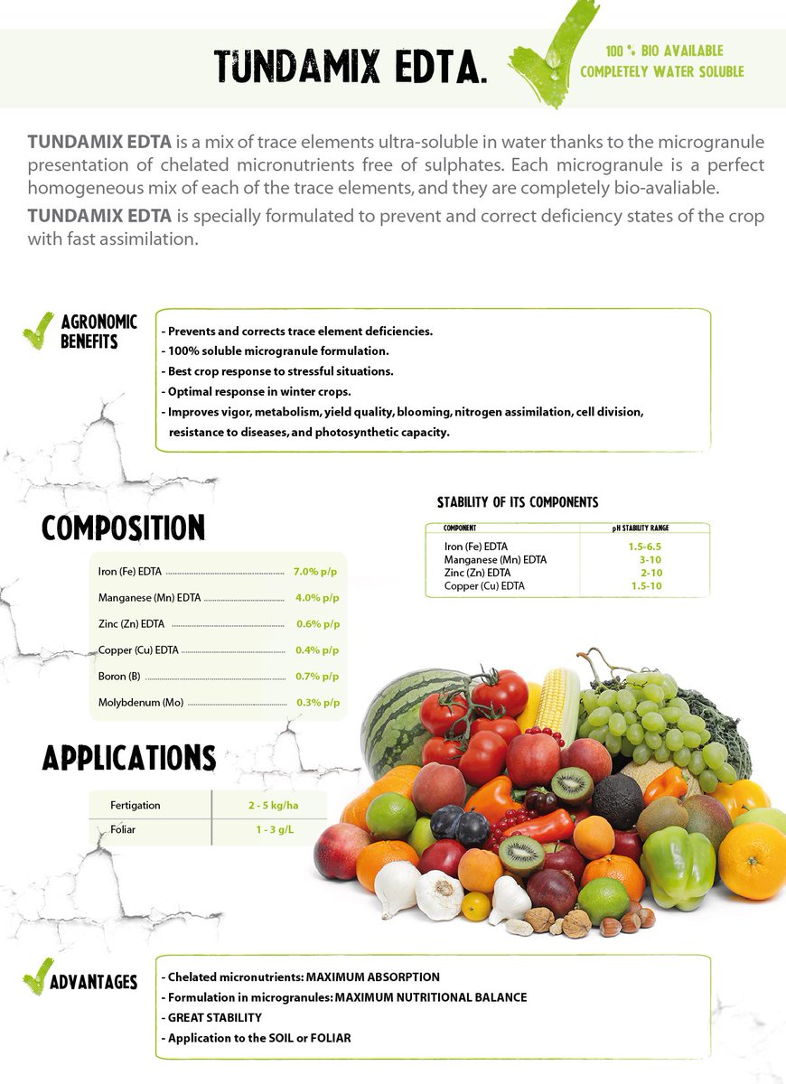 MaxymReva's tweet photo. TUNDAMIX EDTA is a mix of #microelements completely water-soluble. It is specially formulated to prevent and correct #crop deficiency states. #TundamixEDTA is a product free of sulfates that present a complete chemical structure and #solubility. #RockYourCrops @KimitecGroup https://t.co/kbQ7pfconK