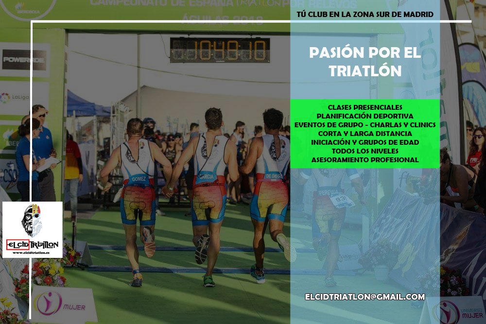 [PASIÓN POR EL TRIATLÓN 🏊‍♀️🚴‍♀️🏃‍♀️
🔝Tú club en la Zona Sur Madrid
✔️ PRESENCIALES 
✔️PLANIFICACIÓN DEPORTIVA
✔️CLINICS
✔️CORTA Y LARGA DISTANCIA
✔️INICIACIÓN, COMPETICIÓN y MENORES
✔️ASESORAMIENTO 
TODOS LOS NIVELES
Informate: ↙️
elcidtriatlón@gmail.com