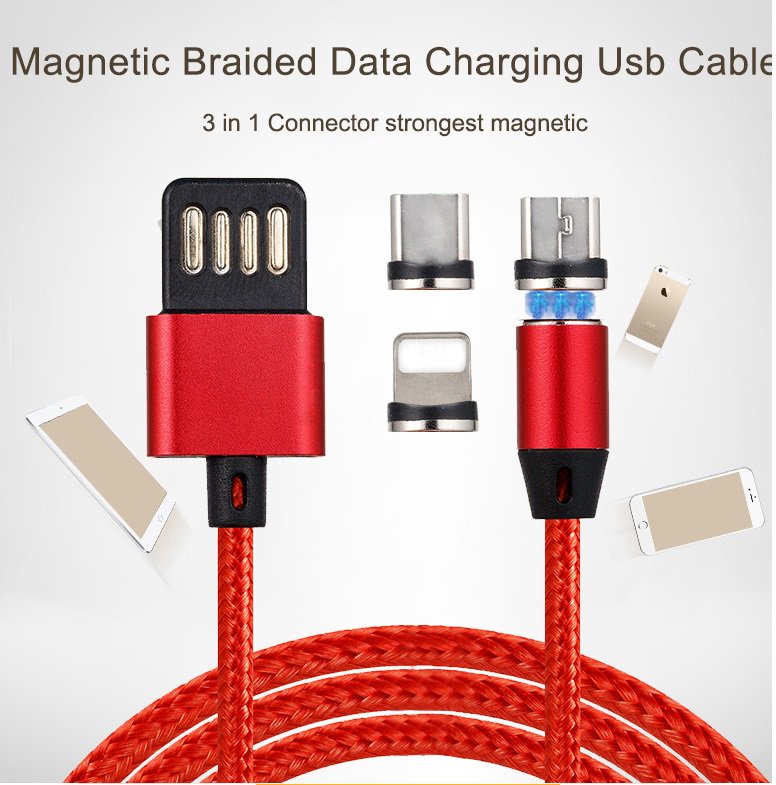 3 in 1 strongest megnetic braided data charging usb cable